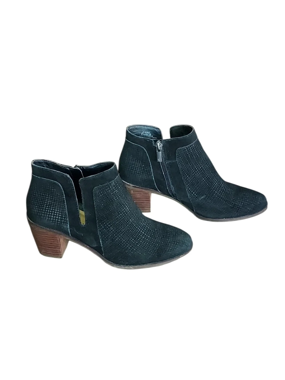 Lucky Brand Black Suede Perforated Ankle Booties with Brown Stacked Heel